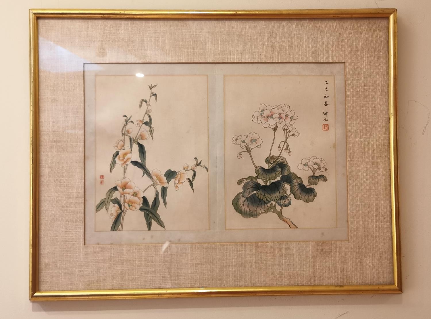 Two framed and glazed early 20th century Japanese ink on silk studies of flowers. Signed with - Image 2 of 5