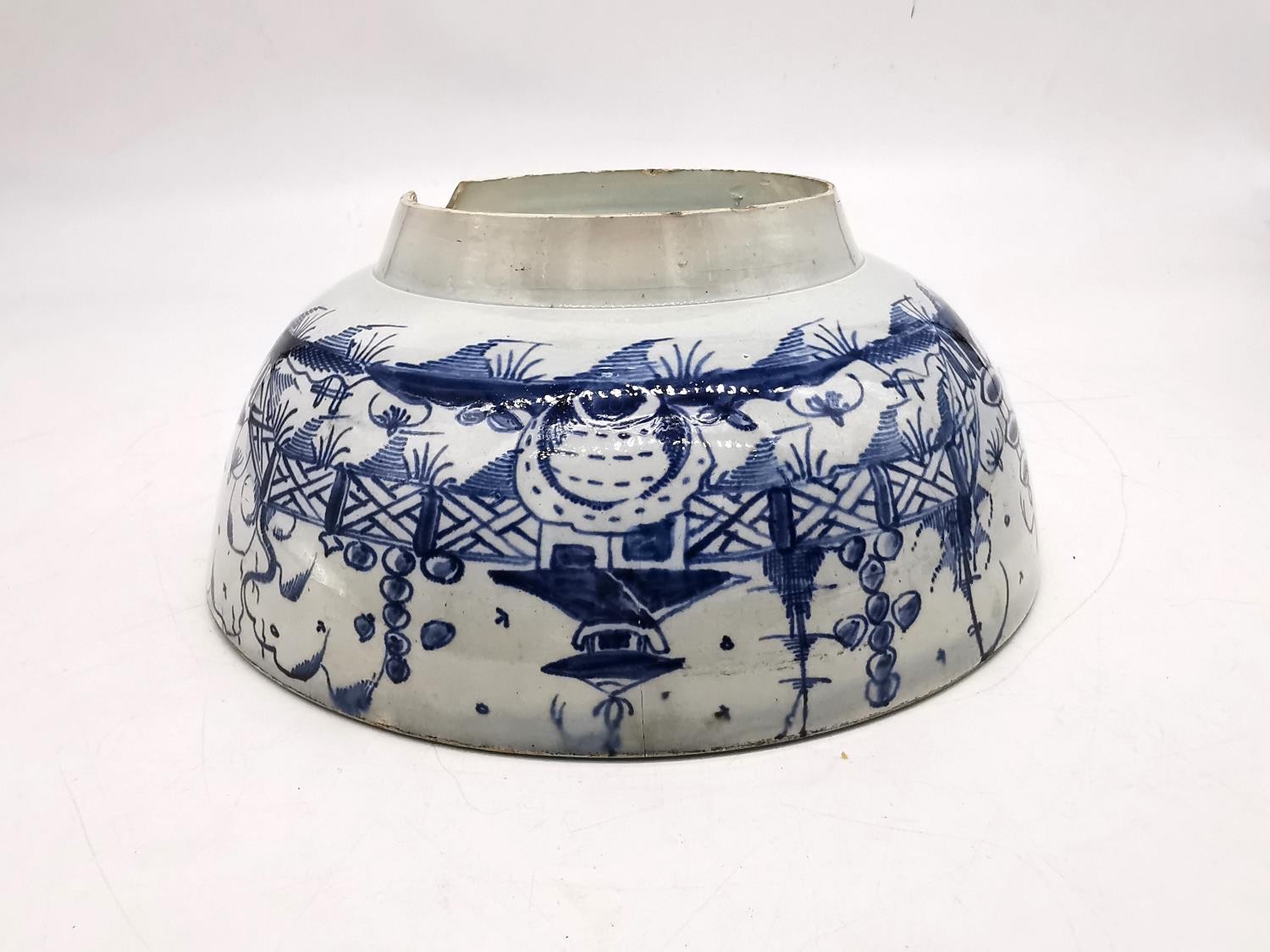 A 18th century Delft blue and white Chinese design bowl with pagoda and tree design. (chipped and - Image 2 of 12