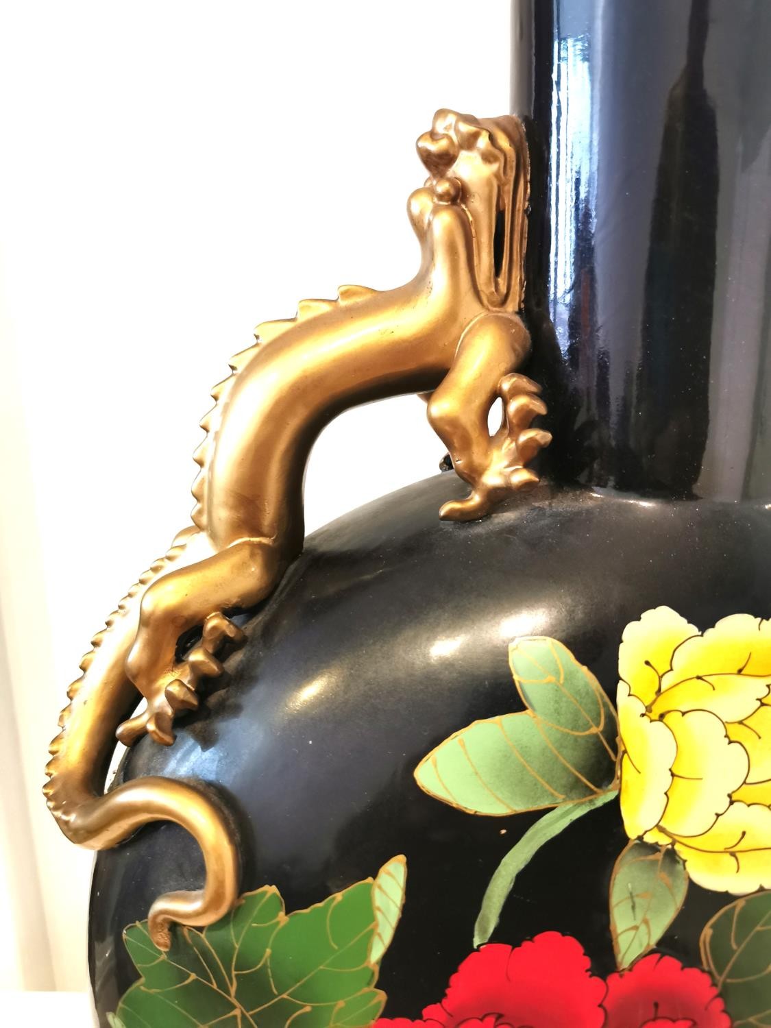 A pair of large 20th century Japanese moon flasks with gilded dragon handles, painted with birds and - Image 3 of 12