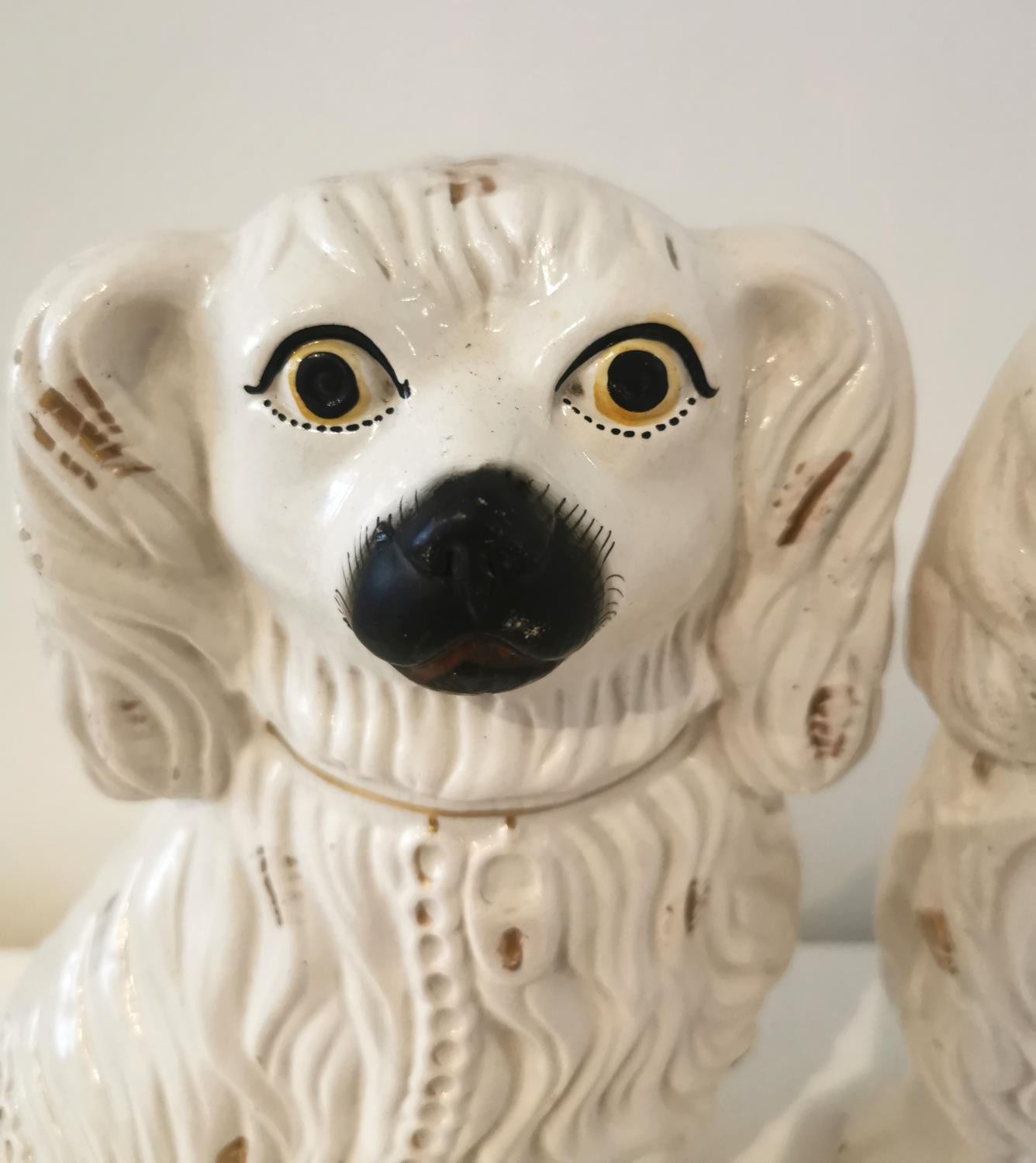 A pair of very large 19th century Staffordshire pottery spaniels with gold chain collars and painted - Image 3 of 5