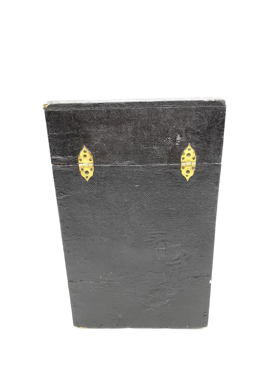 An 18th century leather effect knife box with marbled paper interior and brass fittings containing - Image 4 of 7