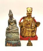 Three Chinese Buddhas and deities, one Chinese gilded cinnabar lacquer Chinese imperial in a throne,