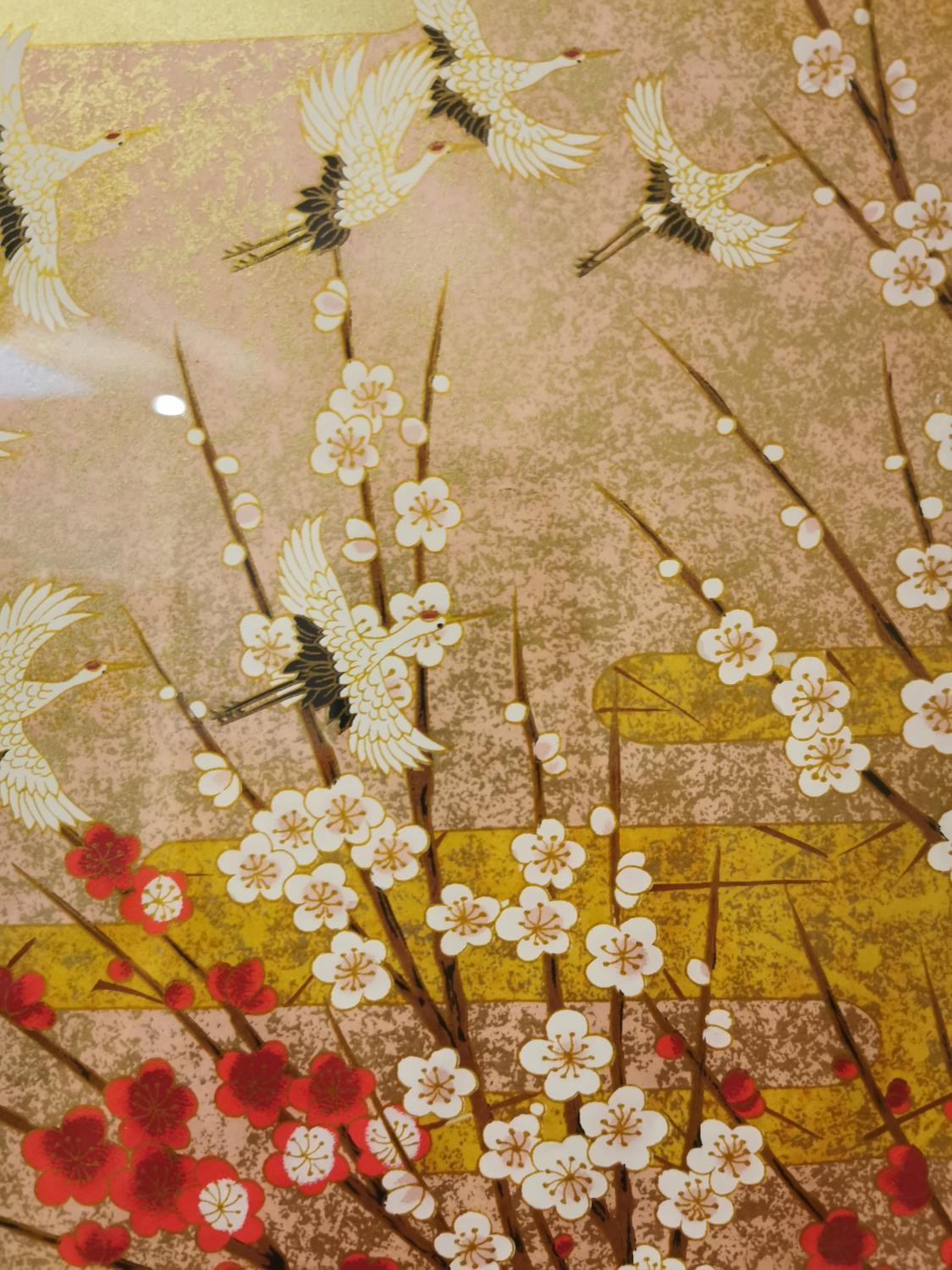 Sogara Yuzen, 'Flying Cranes', silk screen on Japanese paper. Framed and glazed. L.106 H.75cm. - Image 4 of 7