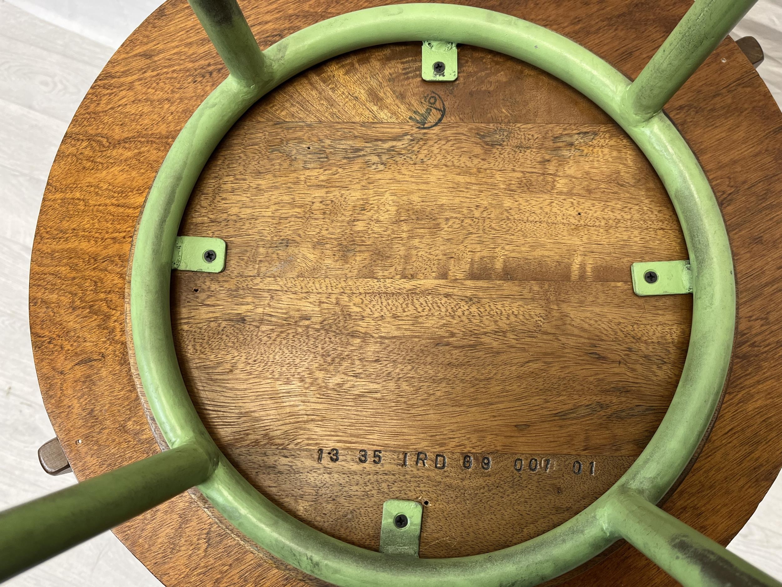 A mid century laminated ply occasional table along with an industrial style stool. H.50 Dia.53cm. - Image 4 of 5