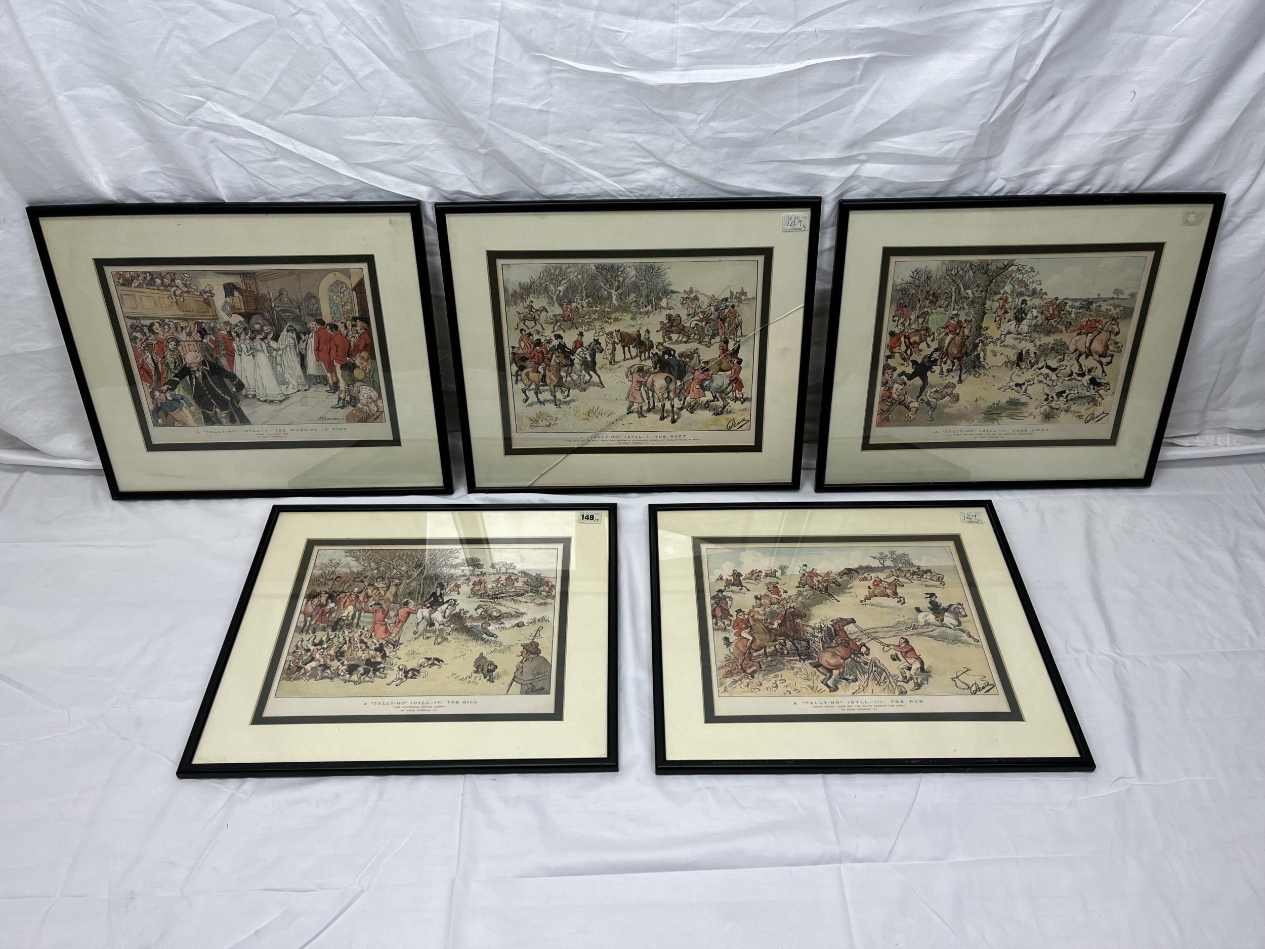 A set of five framed and glazed hunting prints, after Hugh Thompson, the Tally-Ho series. H.41 W.