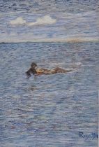A framed and glazed pastel, bather at sea, indistinctly signed. H.58 W.48cm.