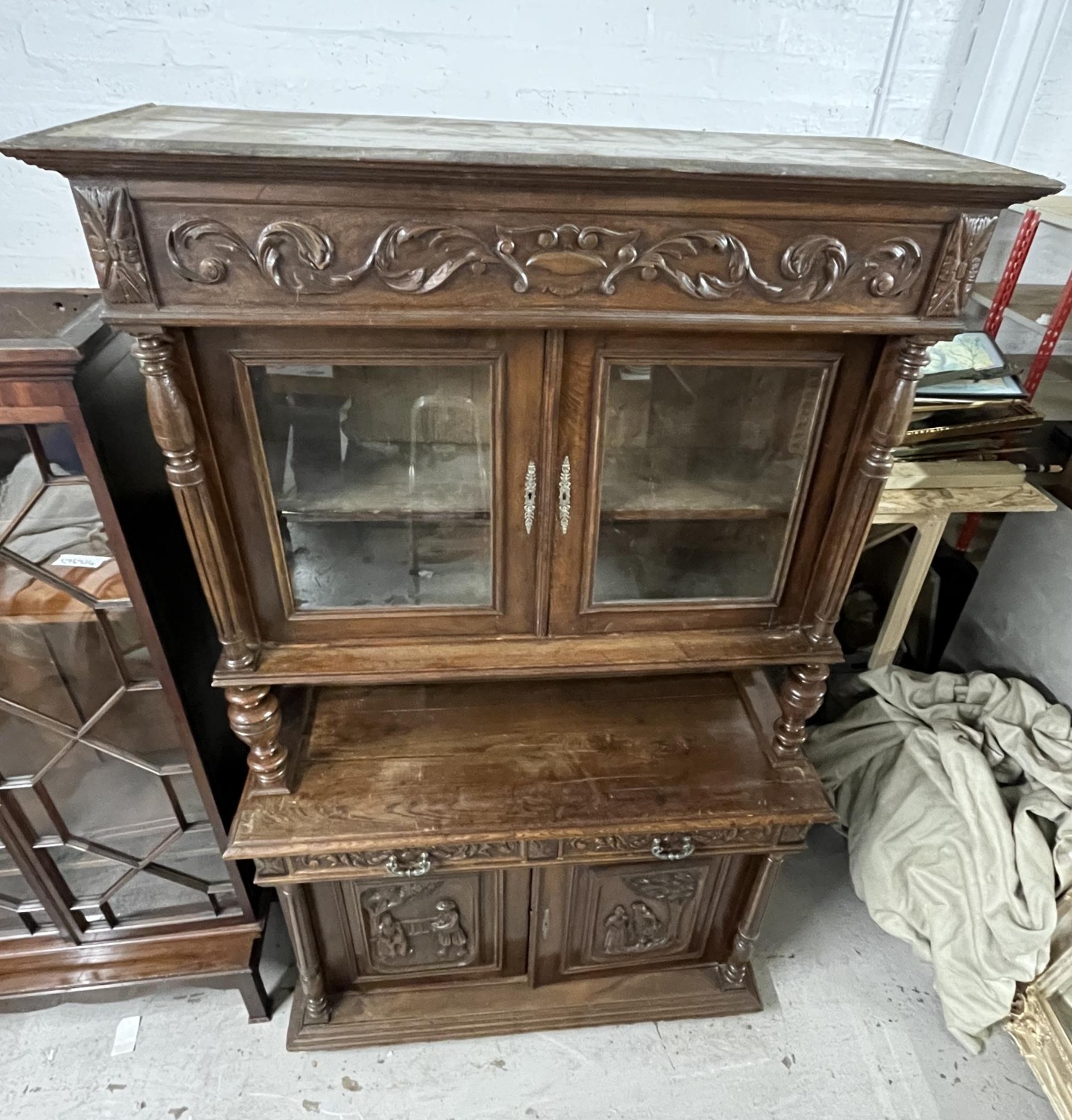 Library bookcase, 19th century French, carved chestnut. Comes in two sections. H.226 W.135.5 D.56cm. - Image 2 of 12