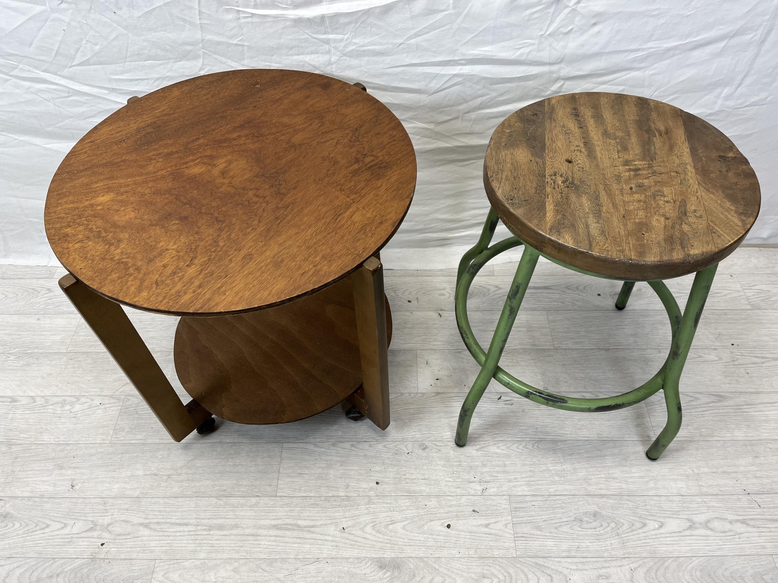 A mid century laminated ply occasional table along with an industrial style stool. H.50 Dia.53cm. - Image 2 of 5