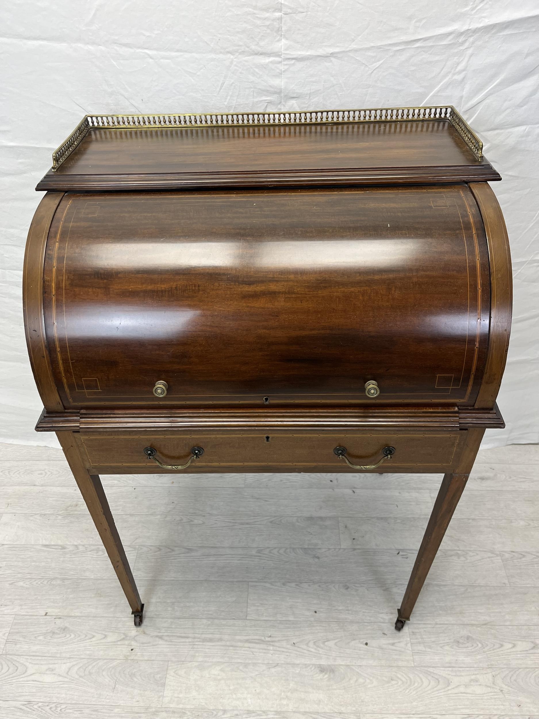 An Edwardian Sheraton style mahogany and satinwood inlaid cylinder bureau with fitted interior and - Image 2 of 10