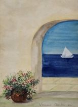 Watercolour, A sailing boat through an arch, signed Vanessa Monelei, framed and glazed. H.47 W.39cm.