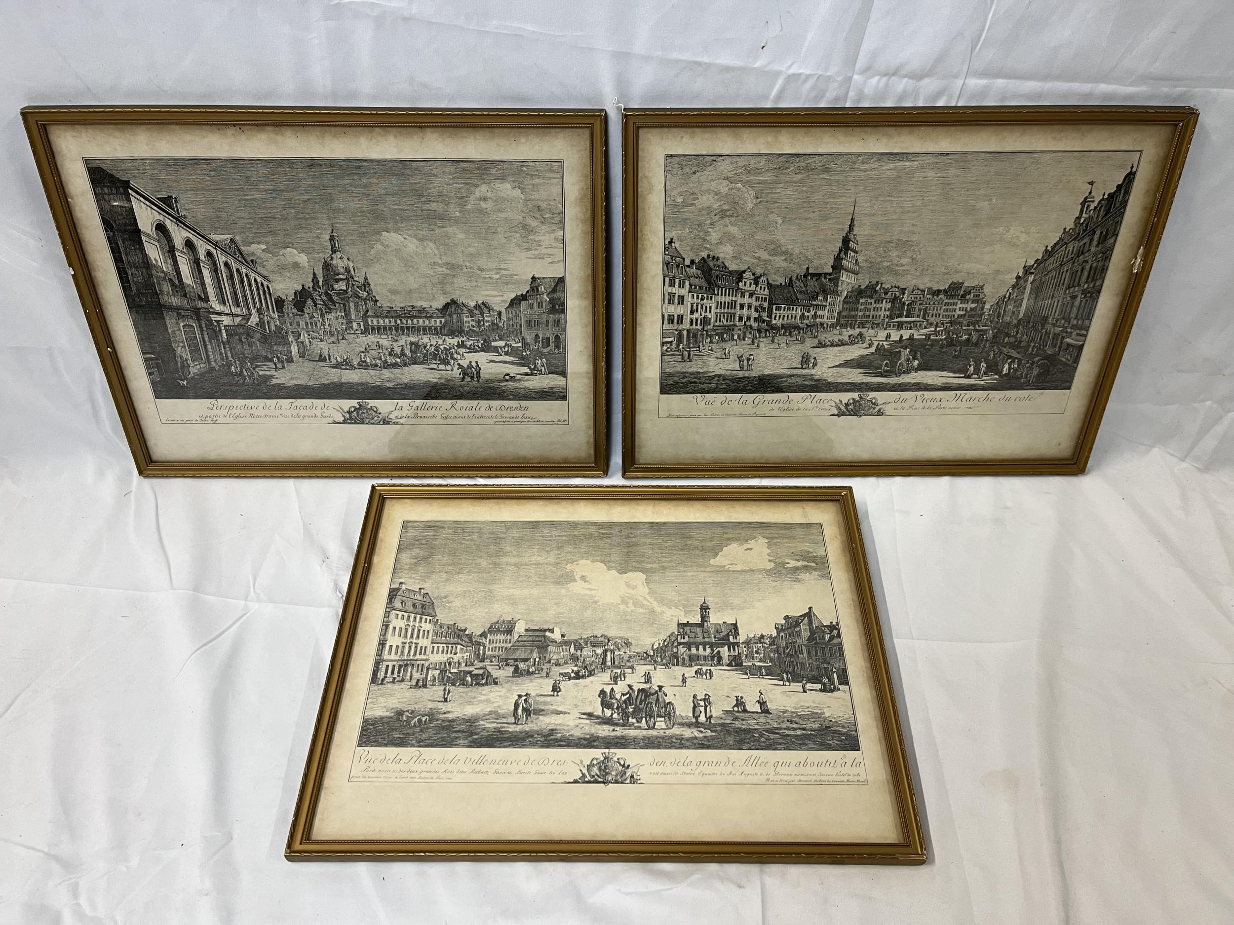 A set of three 19th century framed and glazed engravings. H.31 W.41cm.