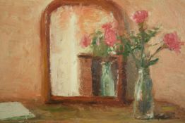Oil on board, still life flowers reflected in a mirror, signed James Morgan. H.40 W.48cm.