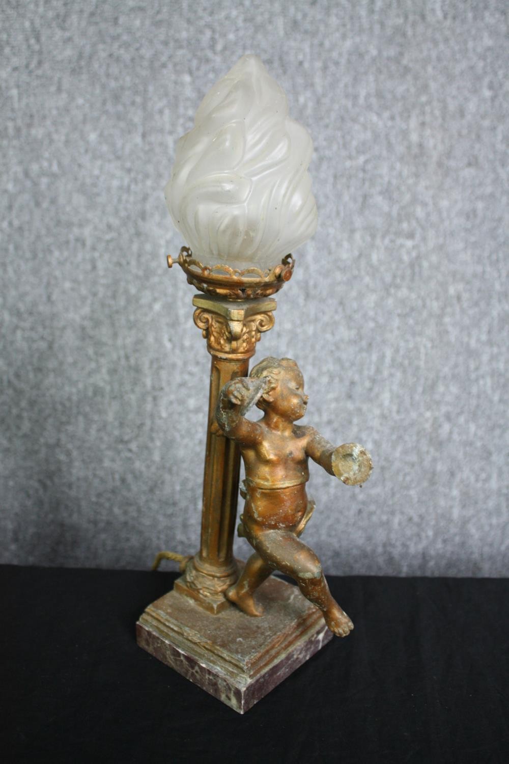 Table lamp, late 19th century gilt metal with figural cherub and Corinthian column support with - Image 3 of 5