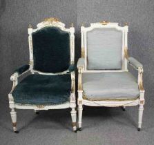 A French style distressed painted armchair and another similar. H.111cm. (Largest).