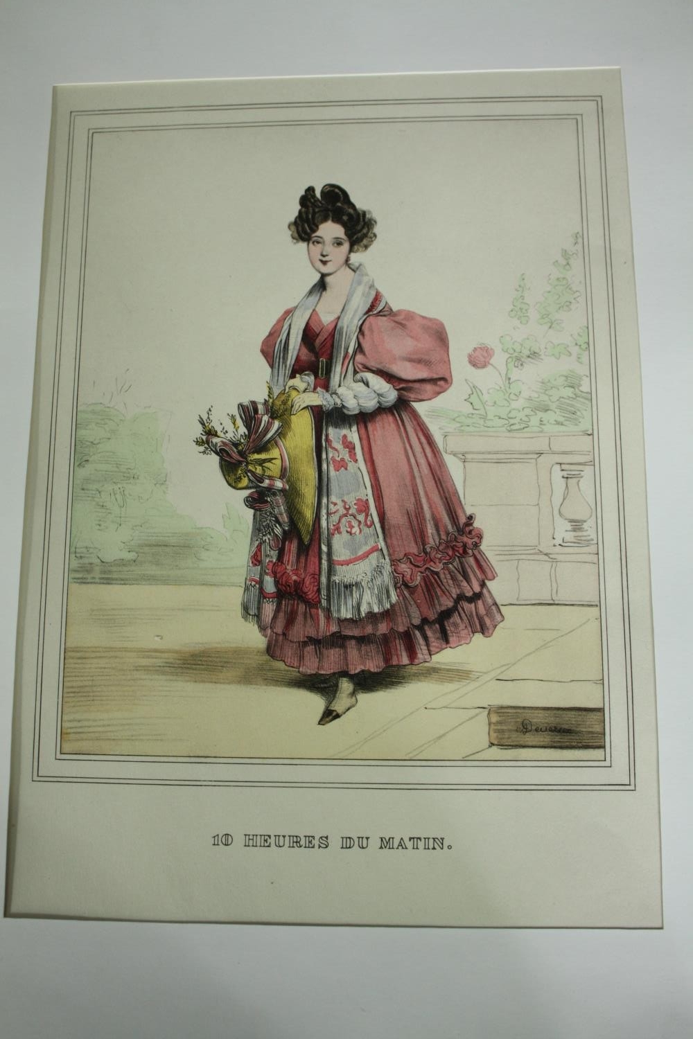 A set of three 19th century hand coloured engravings, French fashion. H.52 W.33cm. (each) - Image 4 of 7