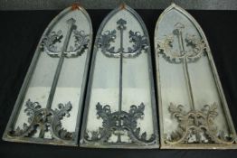 A set of three metal framed garden mirrors. H.60 W.20cm. (each)