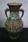 An Indian bronze and enamelled lamp base. H.25cm.
