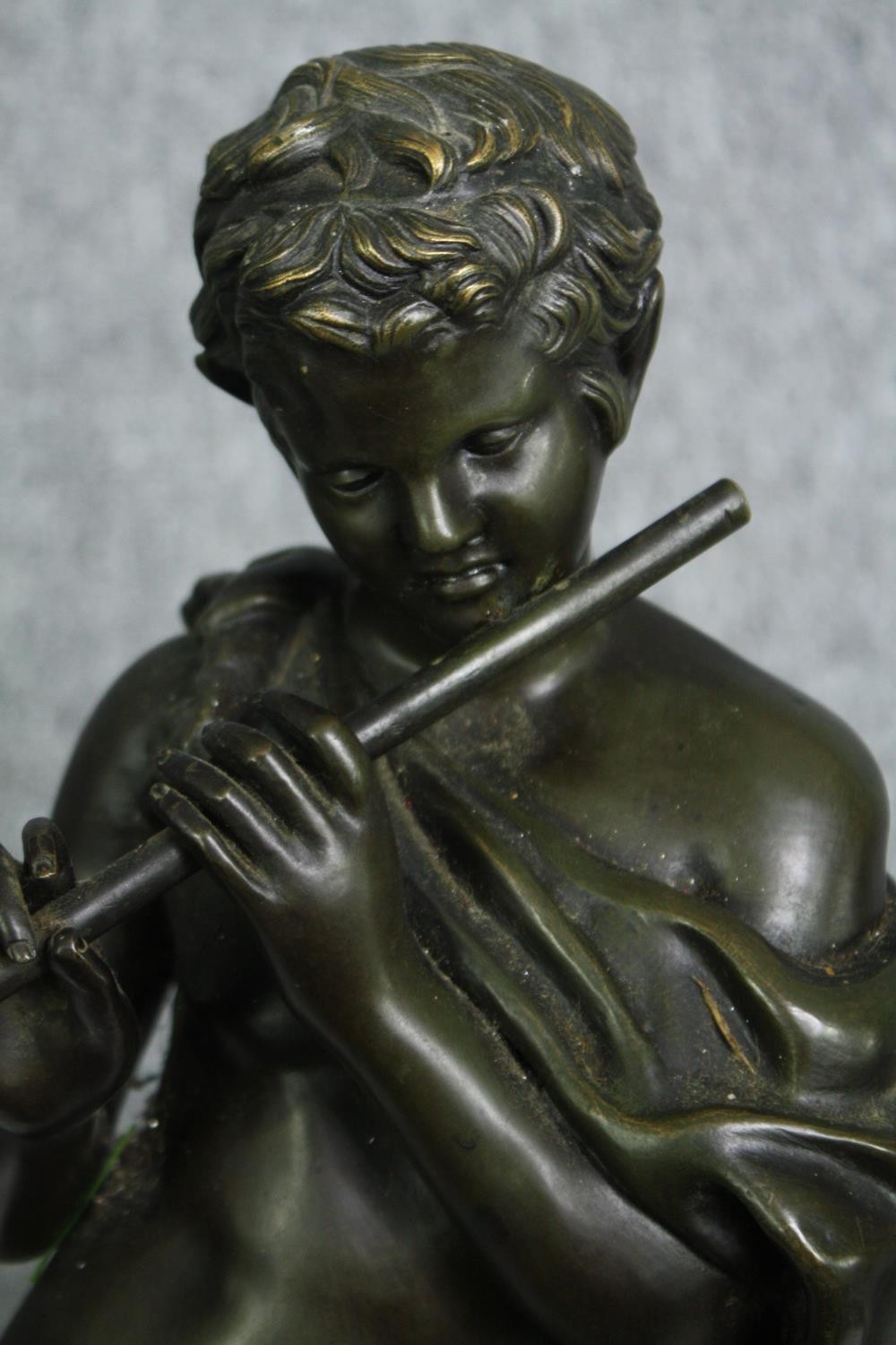 A 19th century patinated bronze figure, Classical style flautist. H.54cm. - Image 5 of 5