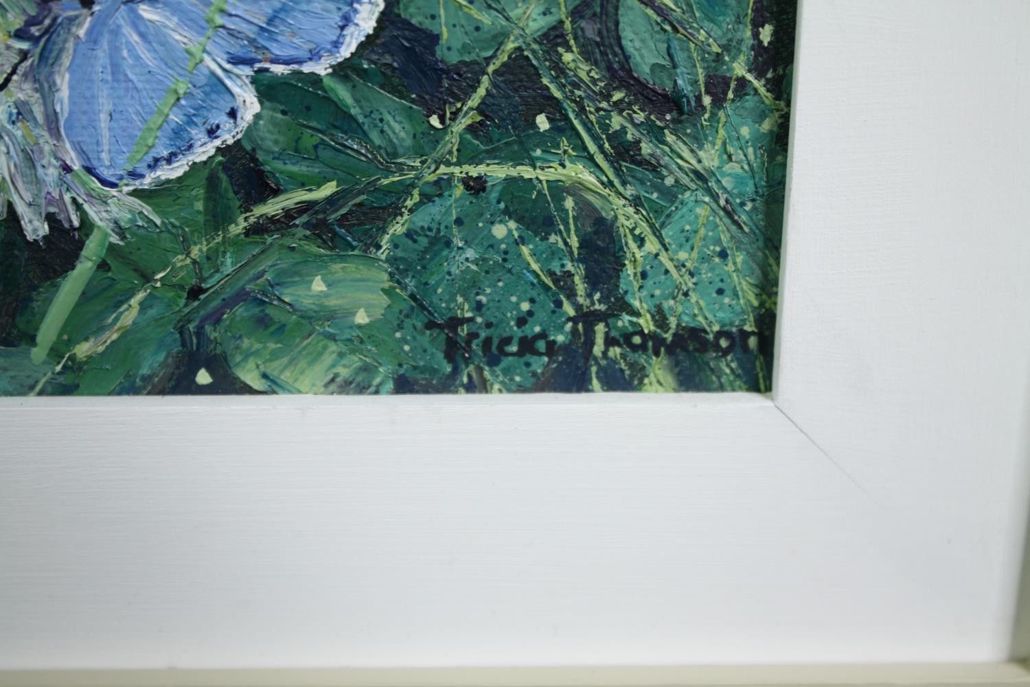 Oil on canvas, butterflies, signed Tricia Thomson with brief bio to the reverse. H.31 W.31cm. - Image 3 of 5