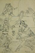 Ink drawing, framed and glazed, caricature figures in an Eastern interior setting, signed Maju 59.