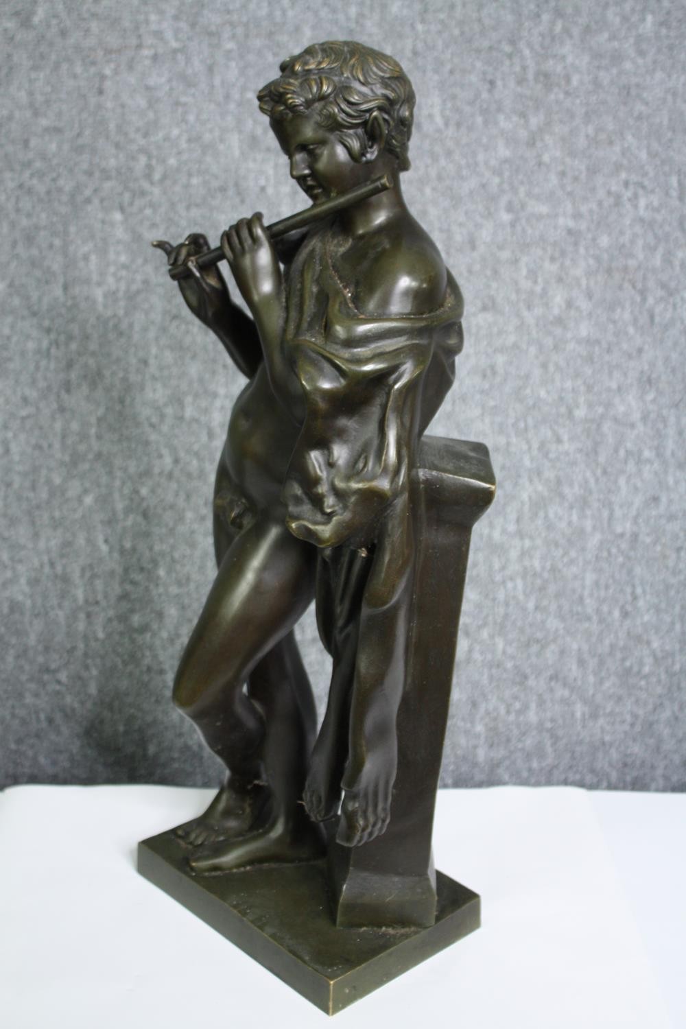 A 19th century patinated bronze figure, Classical style flautist. H.54cm. - Image 3 of 5