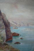 Oil on board, seascape with cliffs, unsigned. H.48 W.35cm.