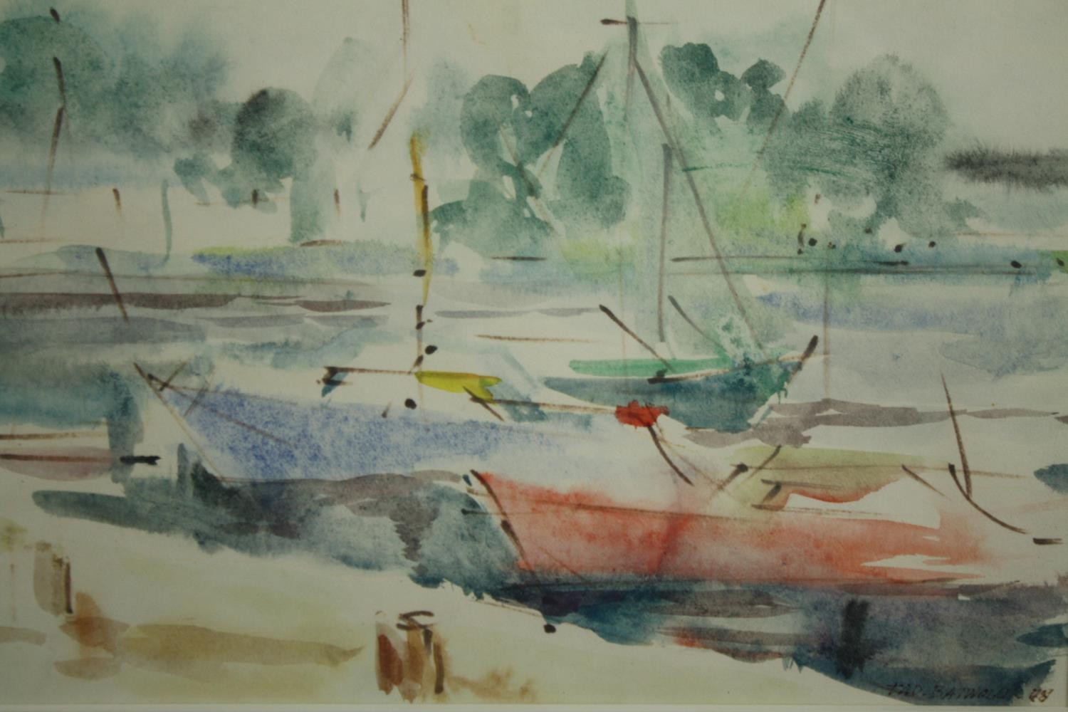 A framed and glazed watercolour, Impressionist style moored boats , signed and dated Tadeusz