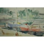 A framed and glazed watercolour, Impressionist style moored boats , signed and dated Tadeusz