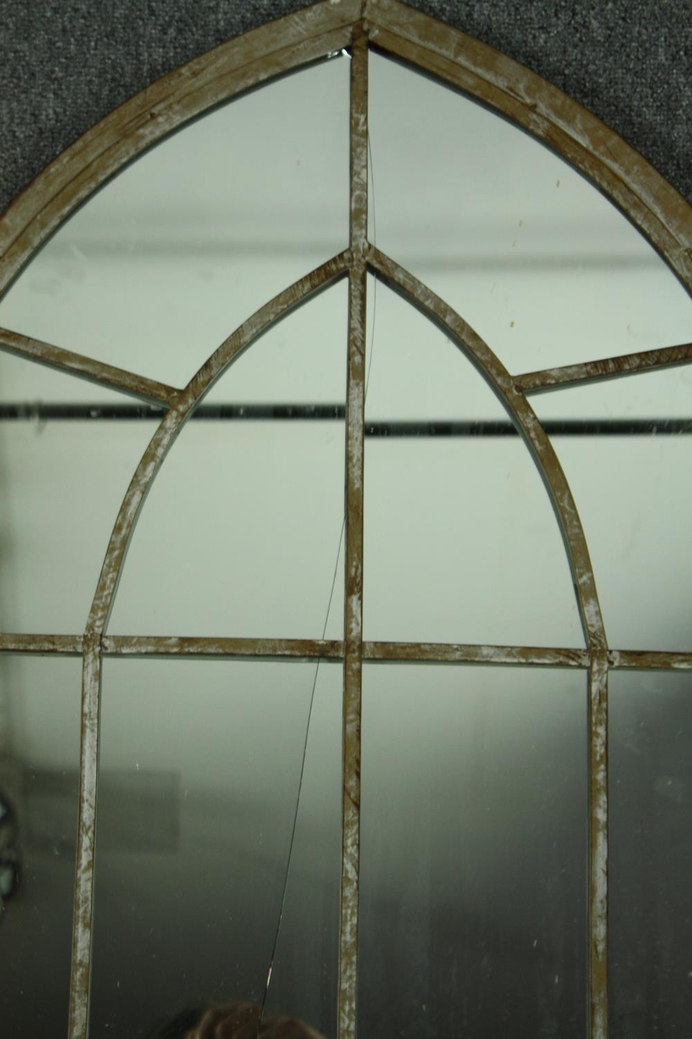 A set of four distressed metal frame Gothic arch garden windows. H.158 W.66cm. (Cracks to each). - Image 5 of 10