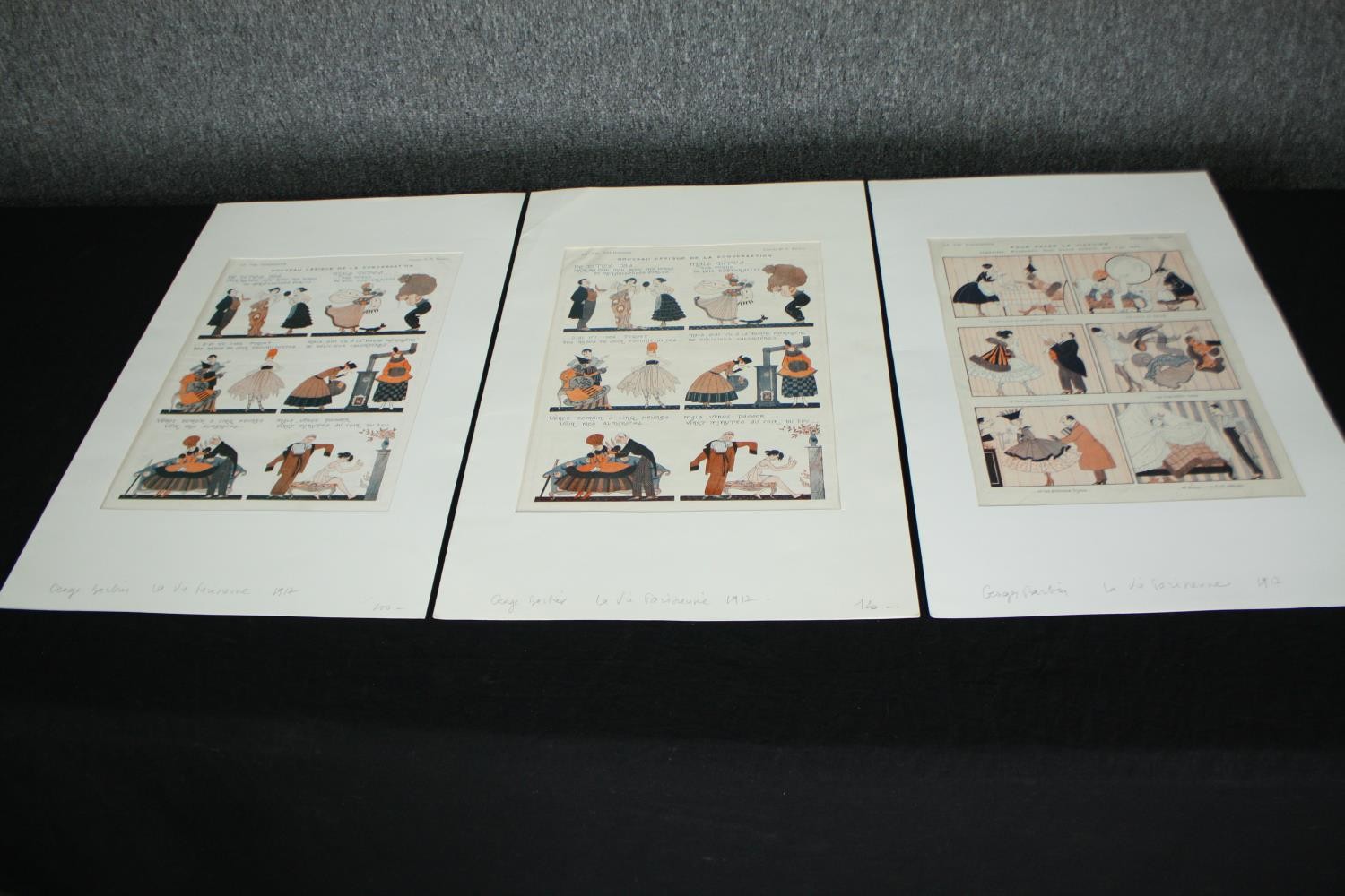 A set of three French Art Deco fashion prints in the form of a comic strip. H.51 W.33cm. (each)