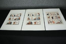 A set of three French Art Deco fashion prints in the form of a comic strip. H.51 W.33cm. (each)