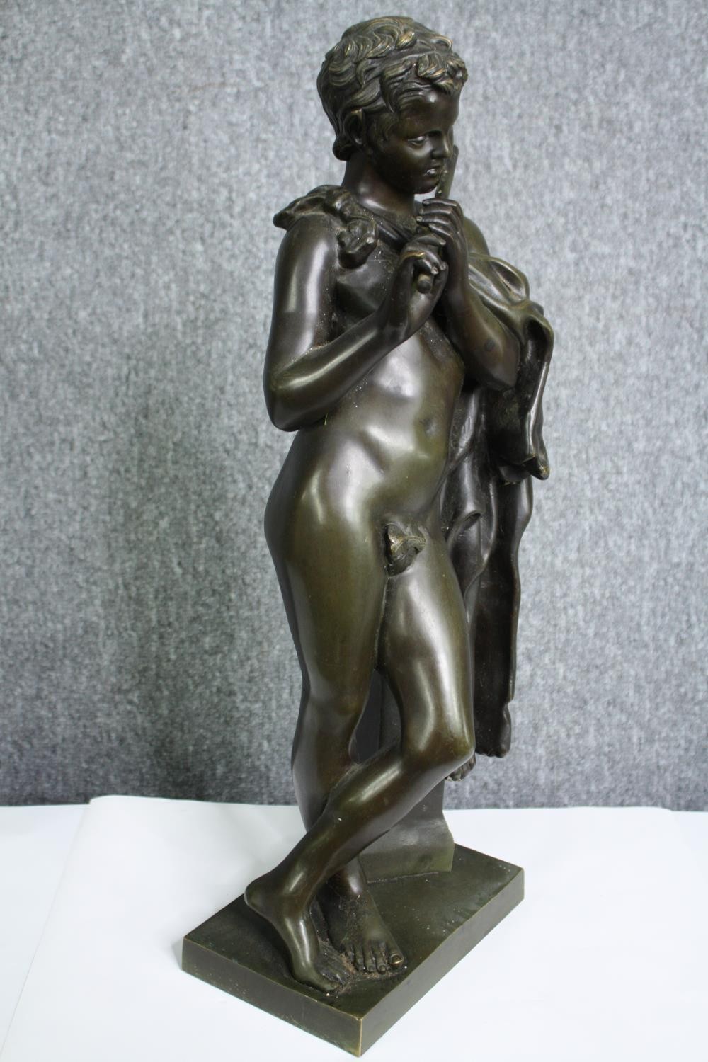 A 19th century patinated bronze figure, Classical style flautist. H.54cm. - Image 2 of 5