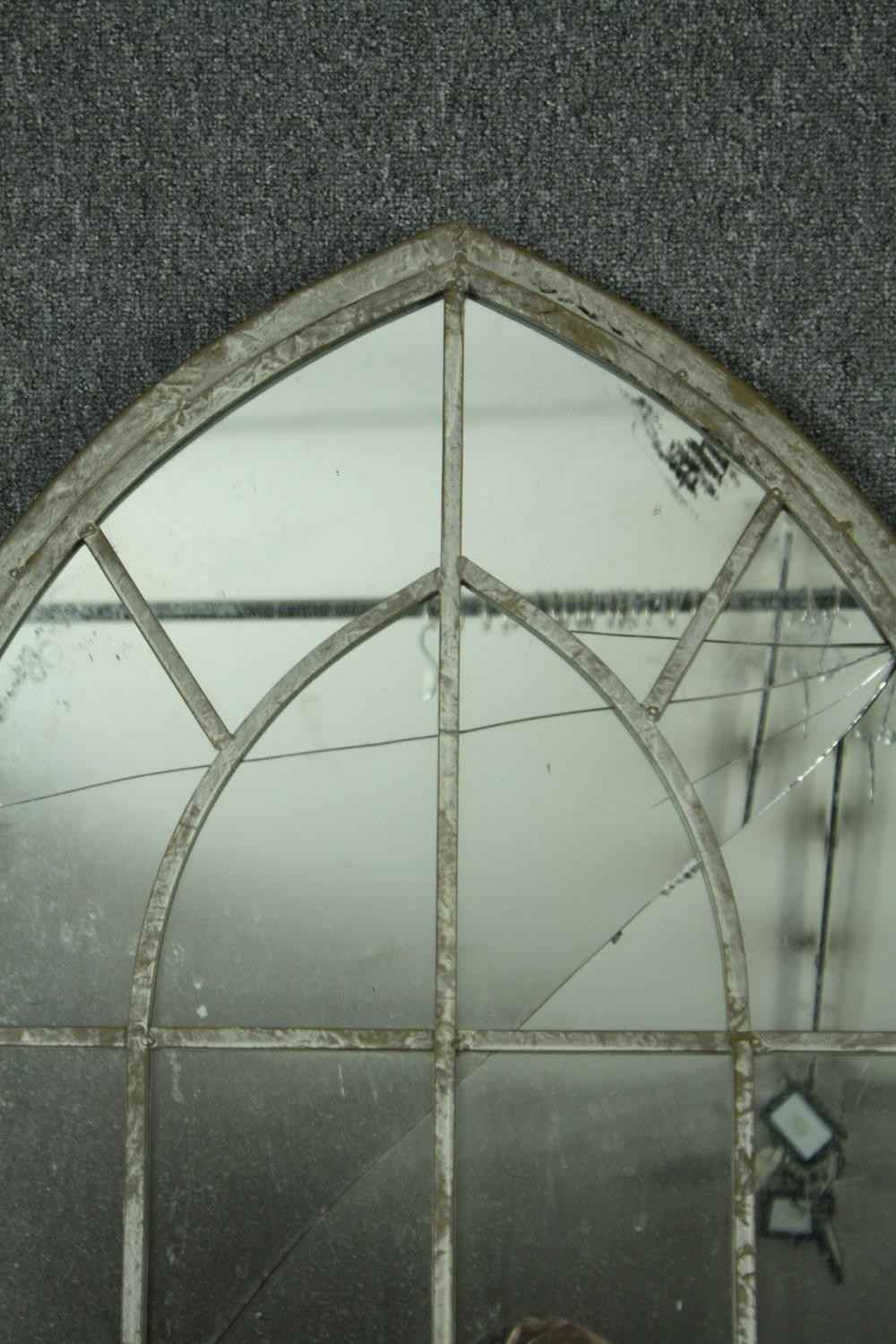 A set of four distressed metal frame Gothic arch garden windows. H.158 W.66cm. (Cracks to each). - Image 4 of 10