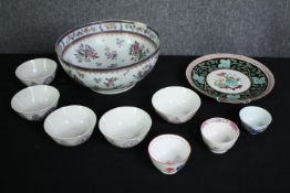 A collection of five small Chinese bowls along with other porcelain items. Dia.29cm. (largest)