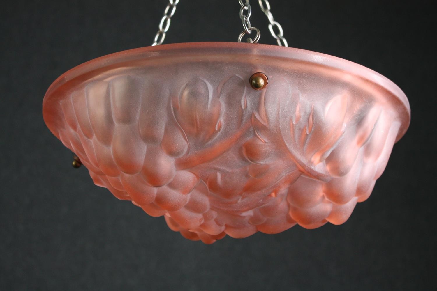 An Art Deco moulded glass hanging light shade. Dia.35cm. - Image 3 of 6