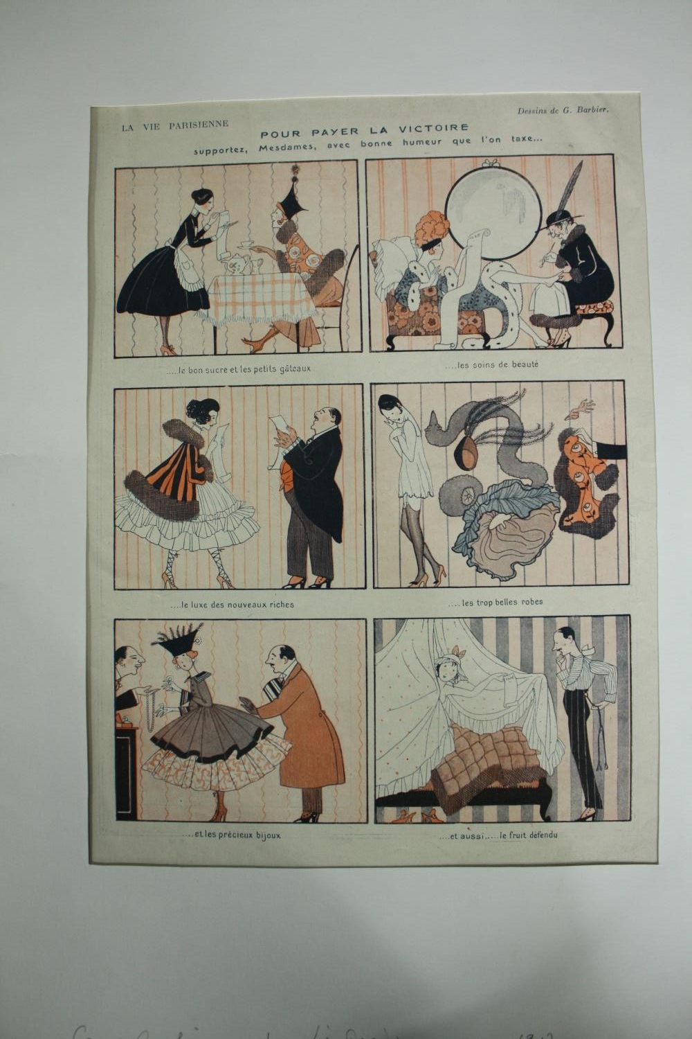 A set of three French Art Deco fashion prints in the form of a comic strip. H.51 W.33cm. (each) - Image 6 of 7