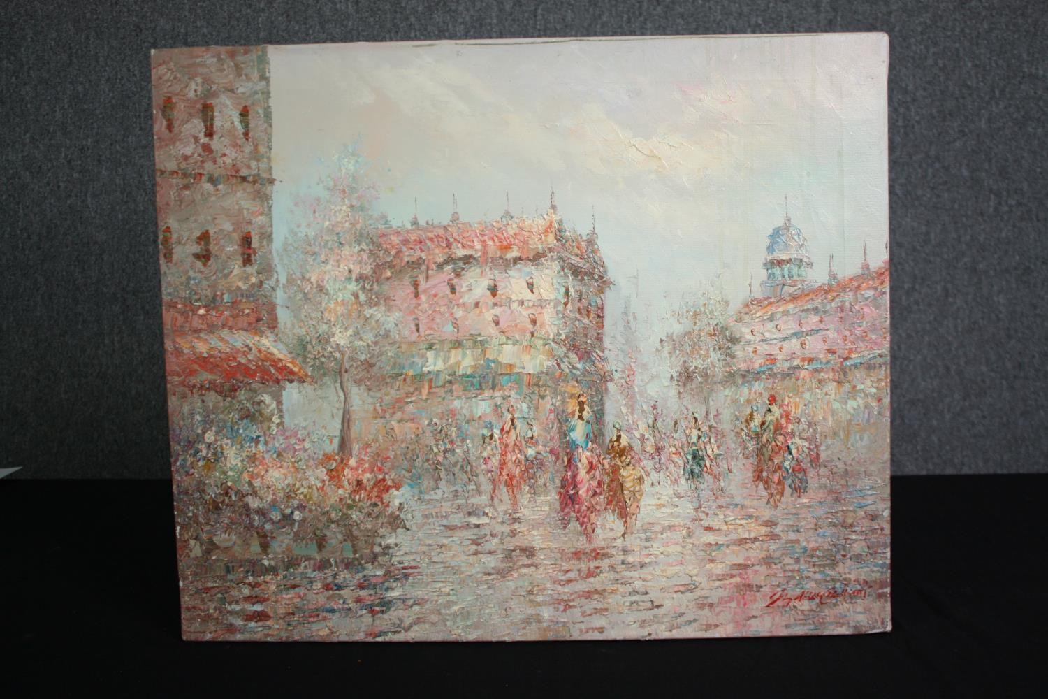 Oil on canvas, Parisian street scene, indistinctly signed. H.51 W.61cm. - Image 2 of 4