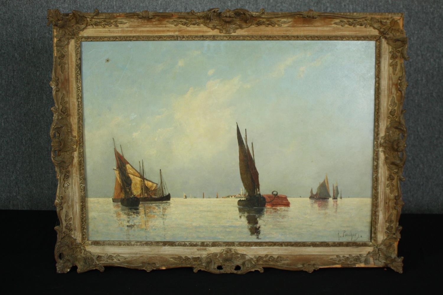 Charles Albert Porcher (1834-1895), oil on canvas, sailing ships on a calm sea. Signed bottom right. - Image 2 of 5