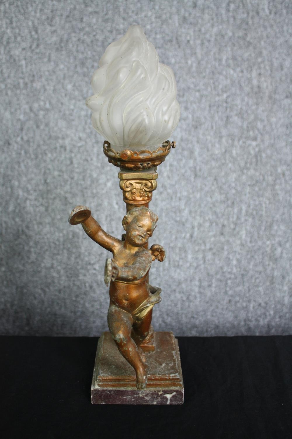 Table lamp, late 19th century gilt metal with figural cherub and Corinthian column support with