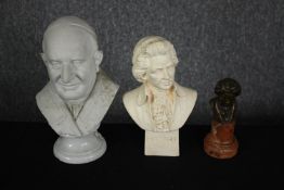 Three busts, a bronze Beethoven, Parianware of Mozart and a ceramic example of the Pontiff. H.
