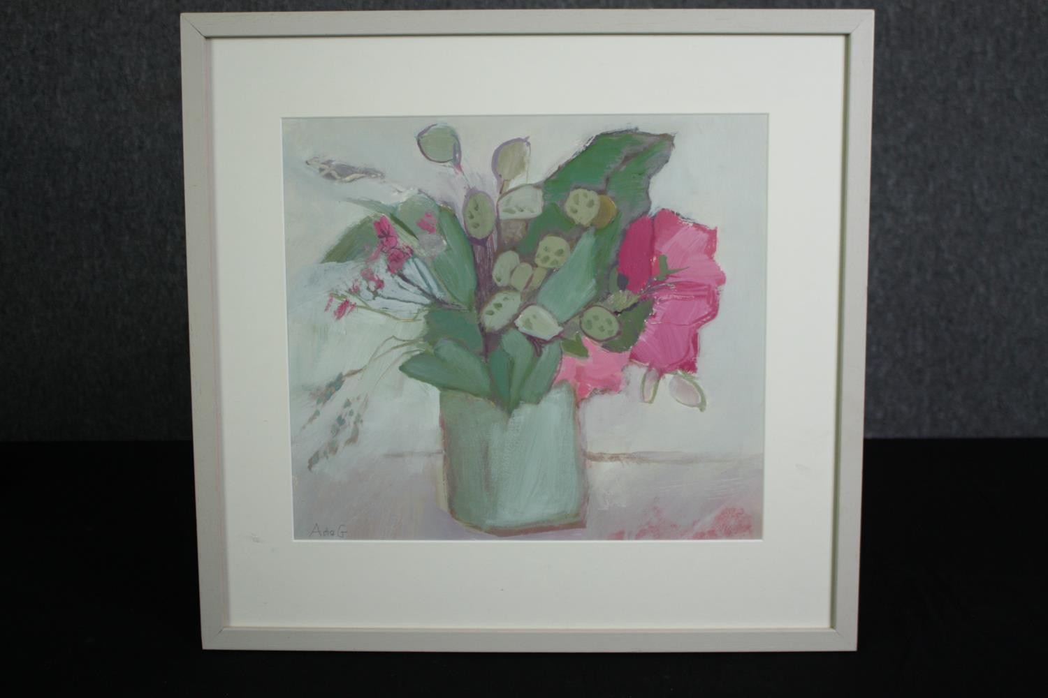 A glazed and framed acrylic on paper, flower study, initialled and signed Anne de Geus and inscribed - Image 2 of 5