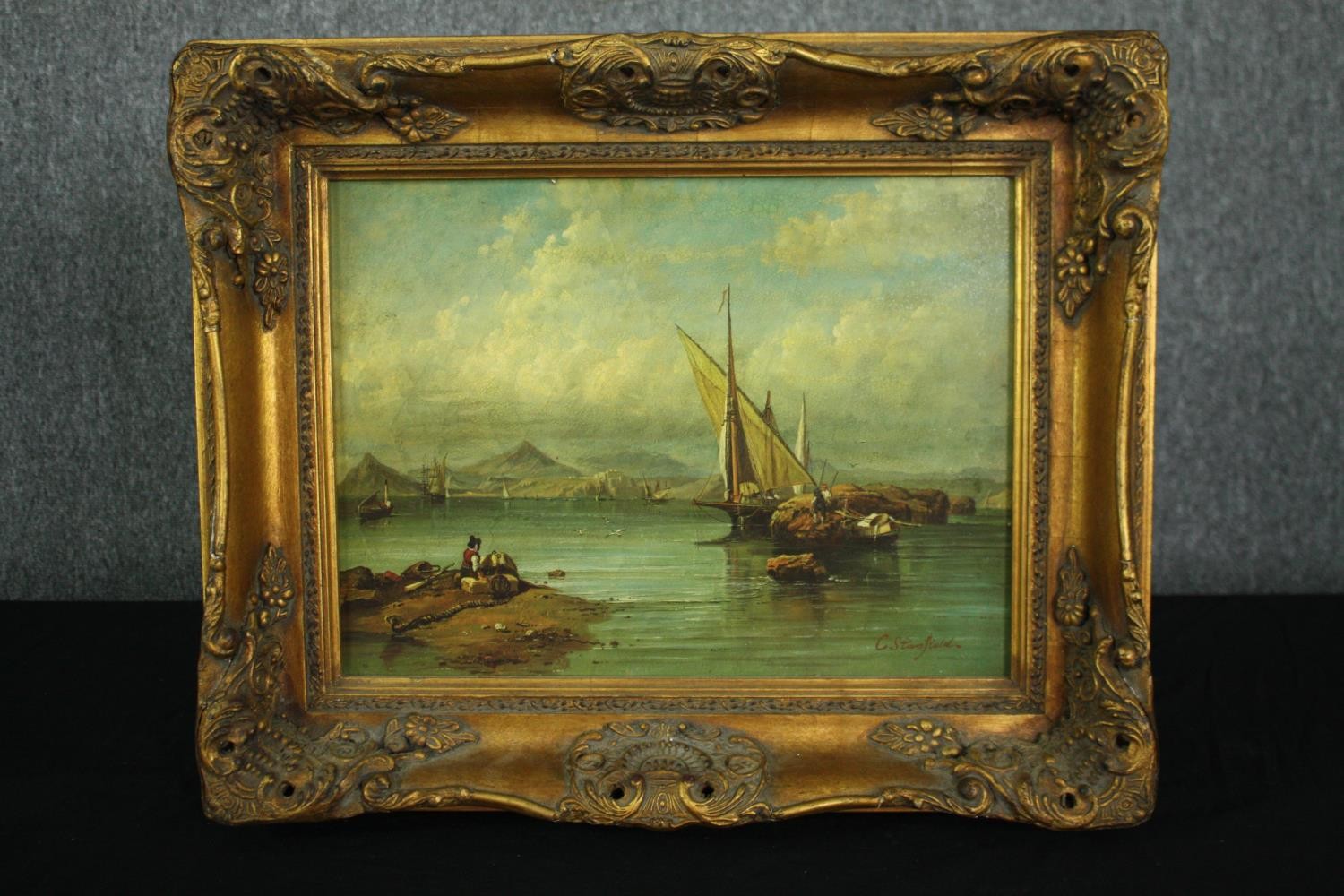 A reproduction of a 19th century boating riverscape in a heavy and ornate gilt frame. H.45 W.56cm. - Image 2 of 5