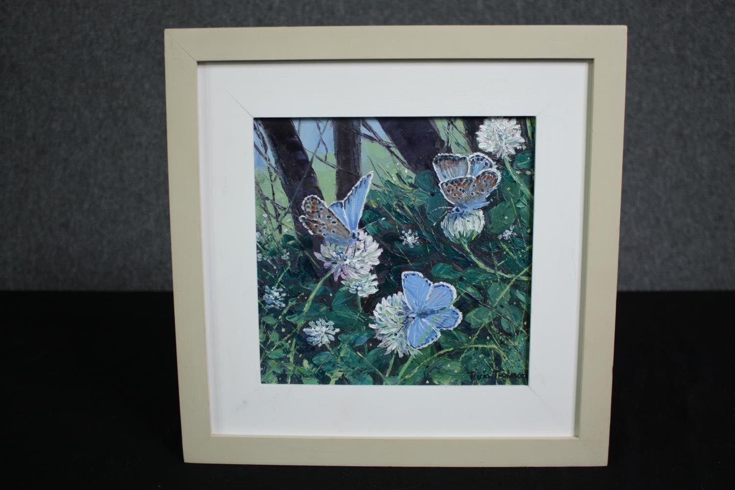 Oil on canvas, butterflies, signed Tricia Thomson with brief bio to the reverse. H.31 W.31cm. - Image 2 of 5