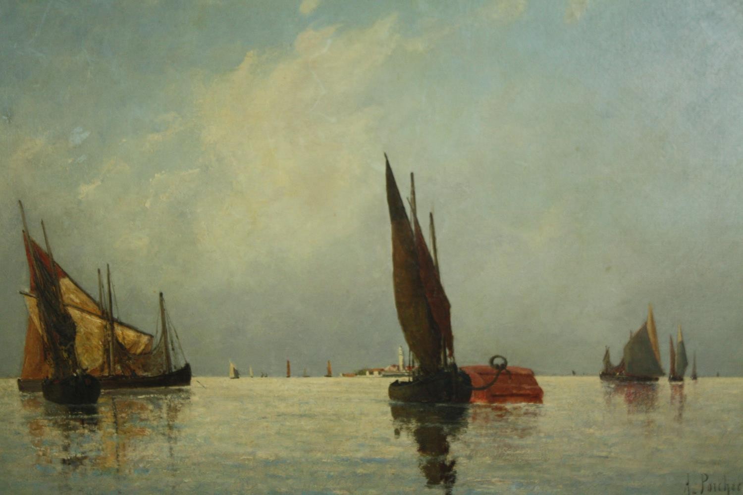 Charles Albert Porcher (1834-1895), oil on canvas, sailing ships on a calm sea. Signed bottom right.