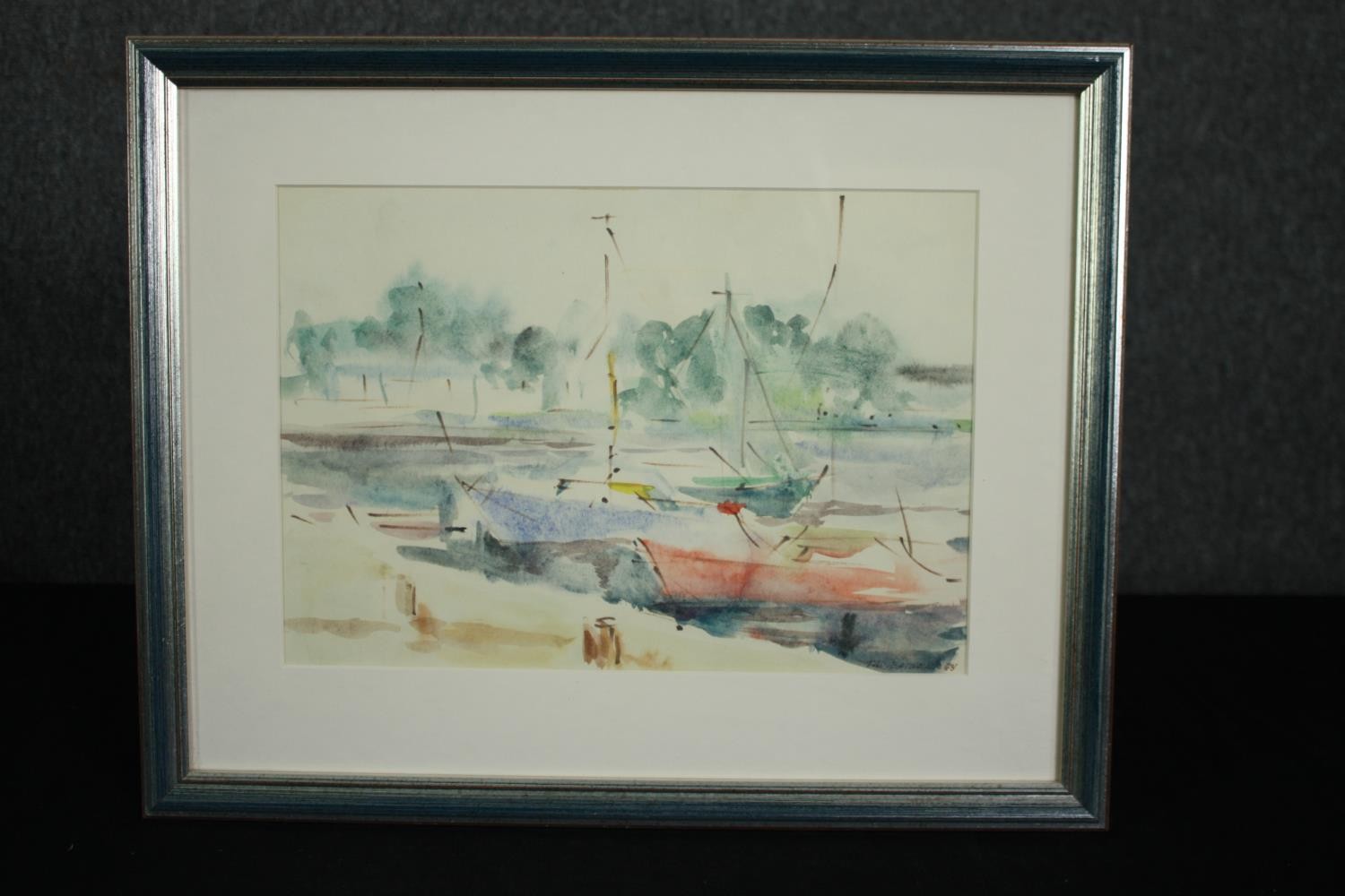 A framed and glazed watercolour, Impressionist style moored boats , signed and dated Tadeusz - Image 2 of 5