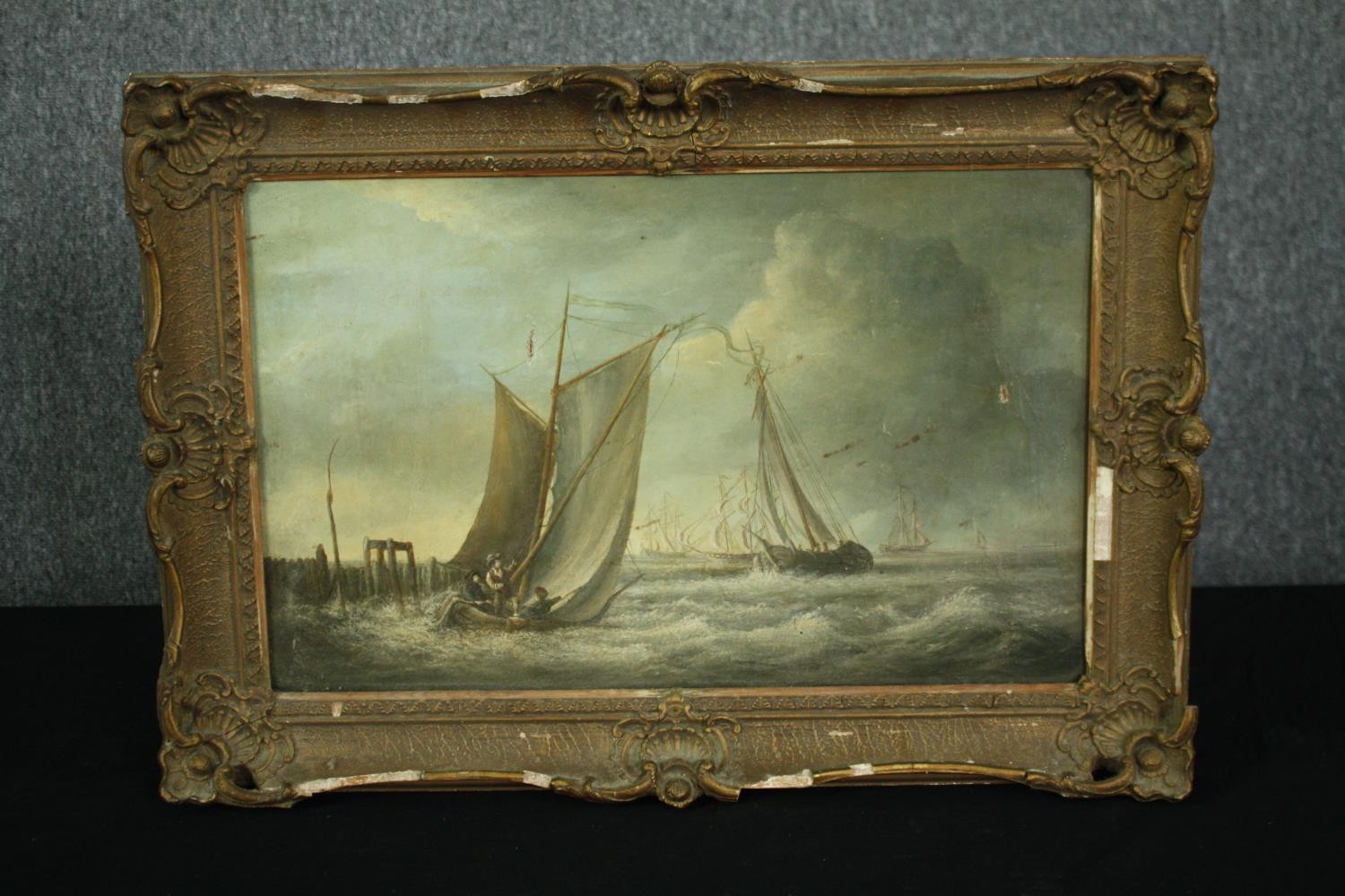 Oil on canvas, 19th century, sailing boats at sea with tall ships in the distance, indistinctly - Image 2 of 5