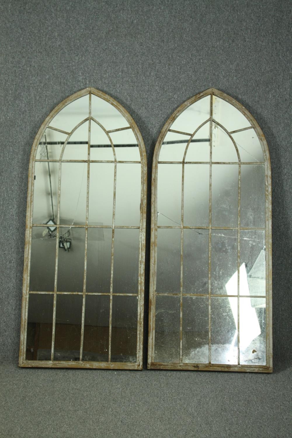 A set of four distressed metal frame Gothic arch garden windows. H.158 W.66cm. (Cracks to each). - Image 3 of 10