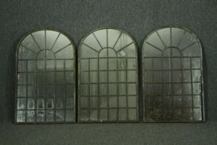 A set of three distressed metal framed window pane garden mirrors. H.80 W.50cm. (each)