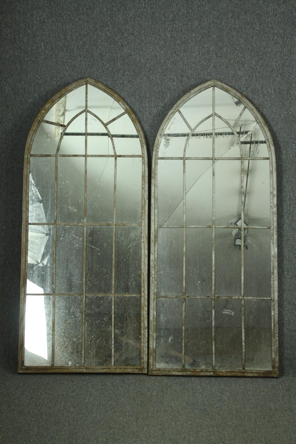 A set of four distressed metal frame Gothic arch garden windows. H.158 W.66cm. (Cracks to each). - Image 2 of 10