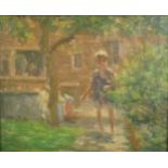 Oil on board, modern British, boy on a path, unsigned with indistinct inscription and signature to